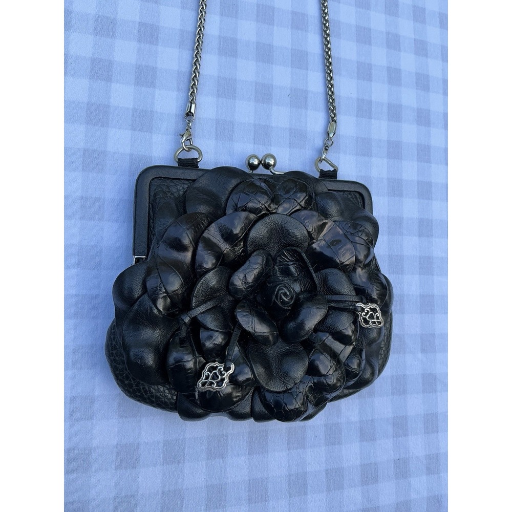 BRIGHTON Black Leather Floral Rosalie Clutch Coin Purse Mini Bag With Chain Mint